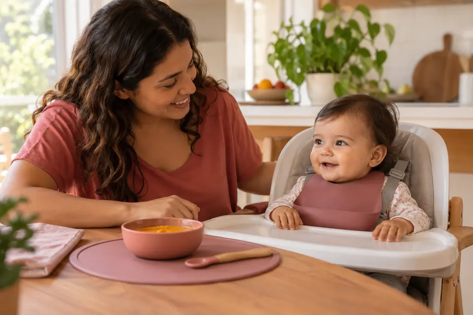 Mãe acompanha bebê de seis meses diante de uma refeição em cadeira de alimentação segura