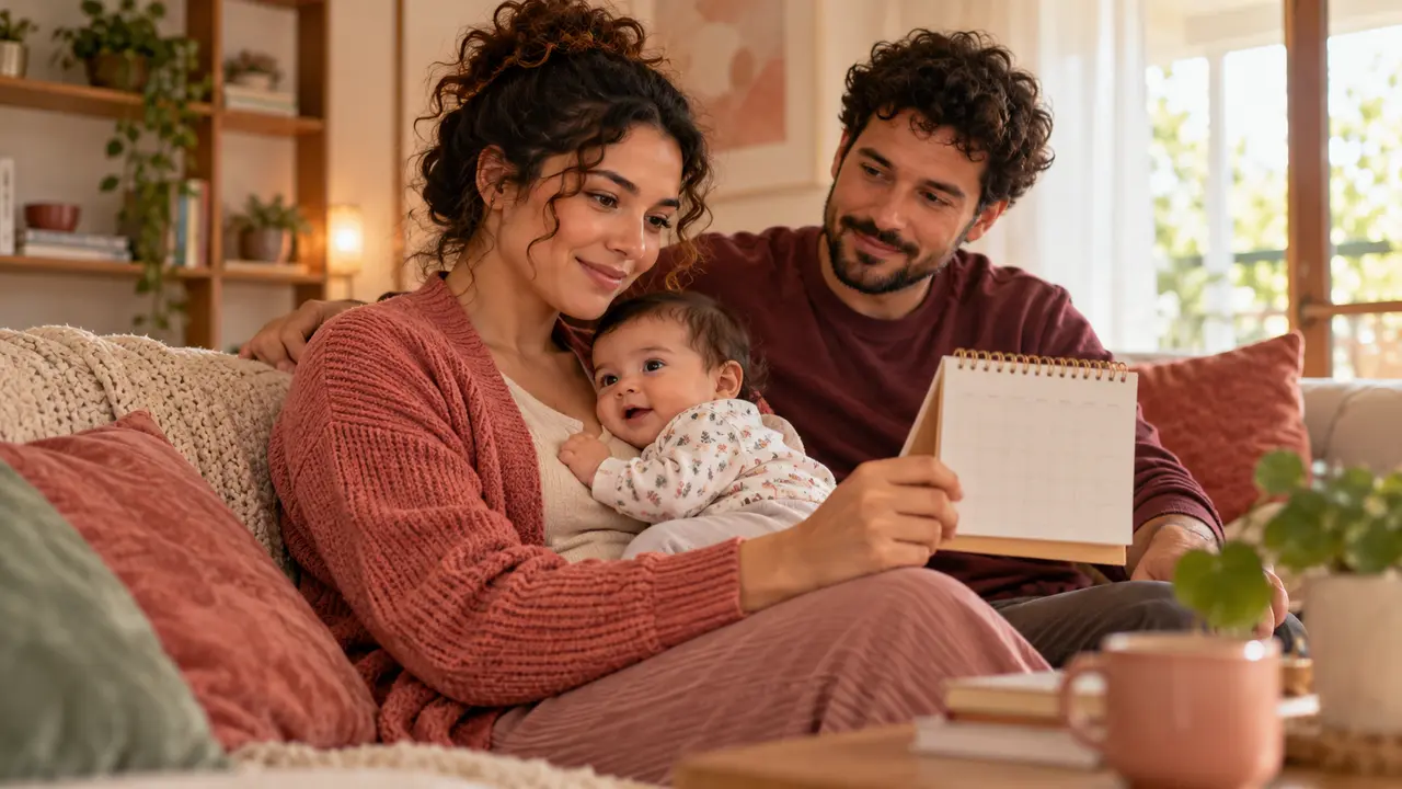 Mãe com bebê no colo observa um calendário ao lado do companheiro