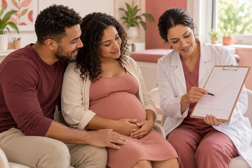 Gestante e acompanhante conversam com profissional sobre a curva de crescimento no pré-natal