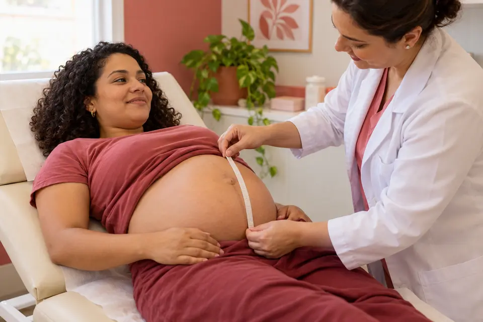 Profissional mede a altura uterina de uma gestante durante consulta de pré-natal