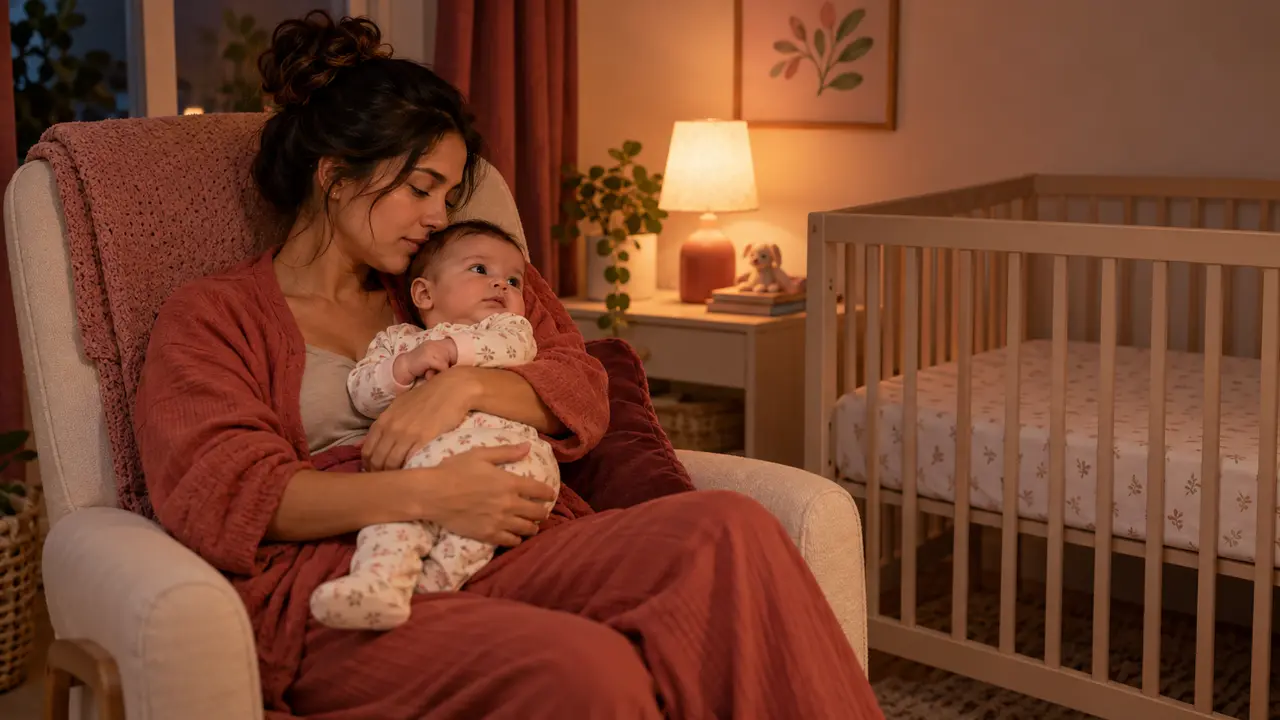 Mãe acalma o bebê acordado em um quarto tranquilo ao lado de um berço vazio e seguro
