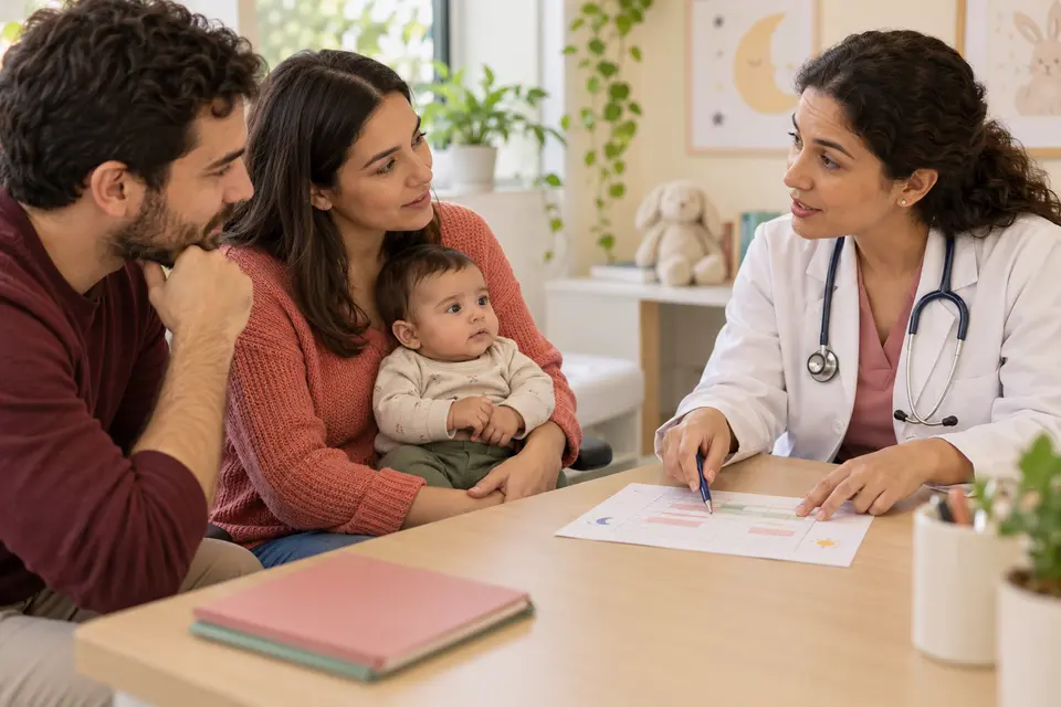 Pais conversam com pediatra sobre o padrão de sono do bebê durante uma consulta tranquila