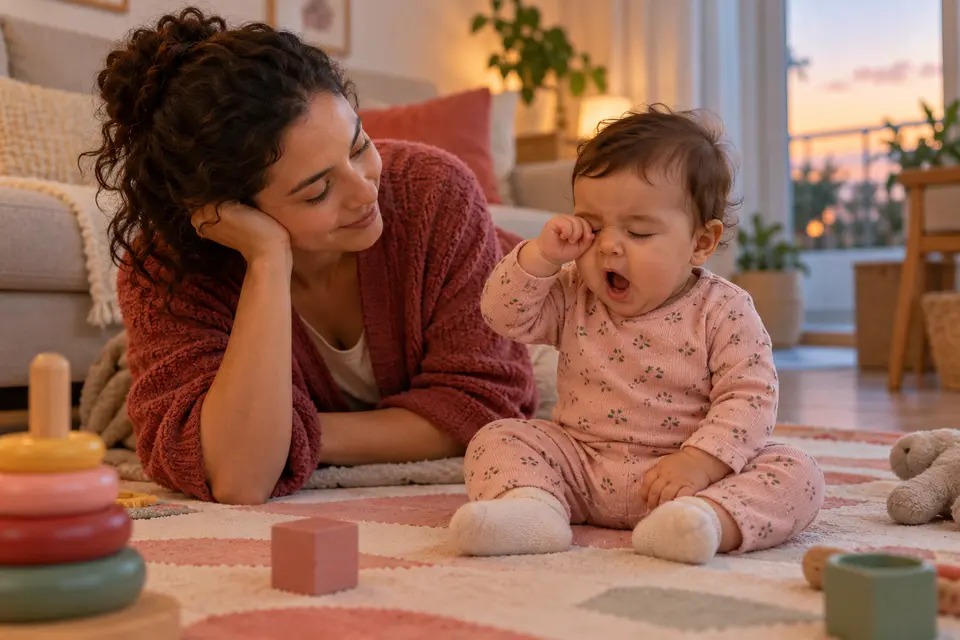 Mãe observa o bebê bocejando e esfregando os olhos durante uma brincadeira tranquila no chão