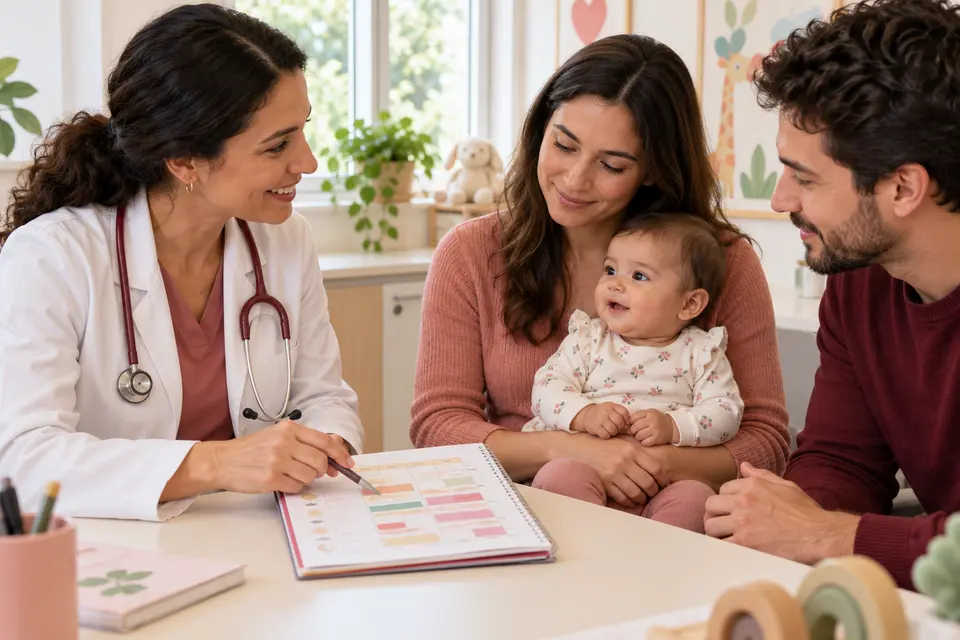 Pediatra conversa com os pais e o bebê sobre um diário de sono