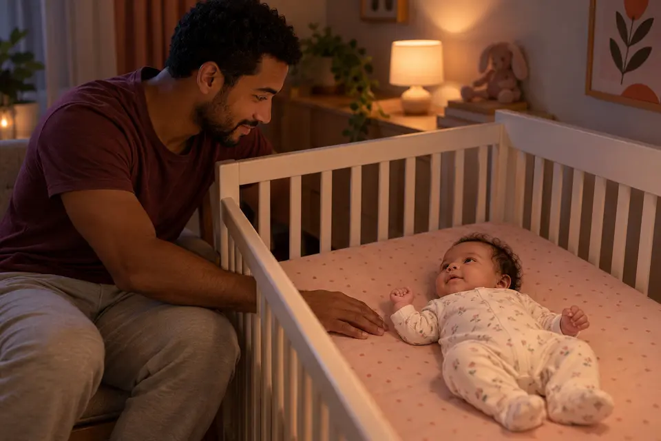Pai permanece ao lado do berço e oferece presença tranquila ao bebê acordado