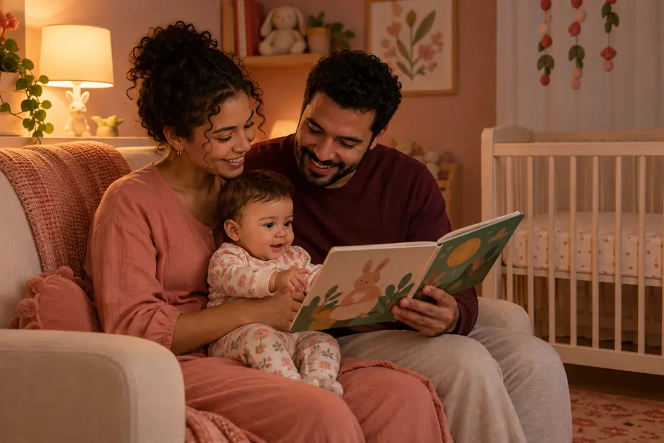 Pais leem um livro ilustrado para o bebê acordado antes da hora de dormir
