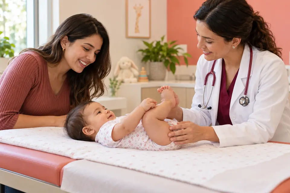 Pediatra observa os movimentos de um bebê no colo da mãe durante consulta acolhedora