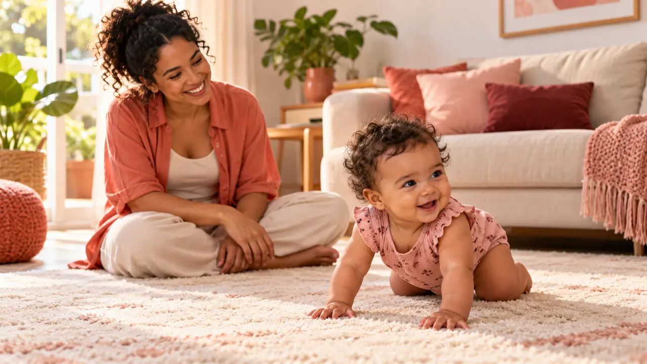 Bebê se movimenta para trás sobre um tapete enquanto a mãe acompanha sorrindo