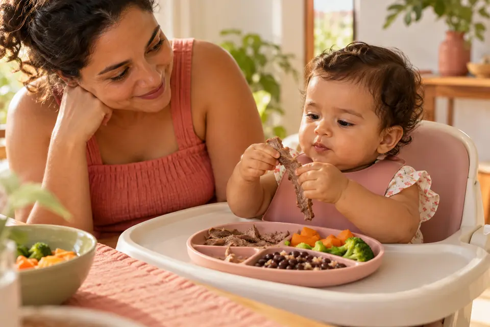Bebê sentado ereto explora uma tira macia de carne enquanto a mãe supervisiona de perto