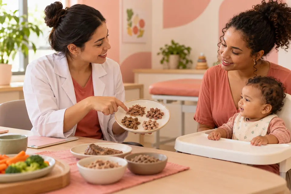 Profissional de nutrição mostra diferentes texturas de carne à mãe e ao bebê em consulta