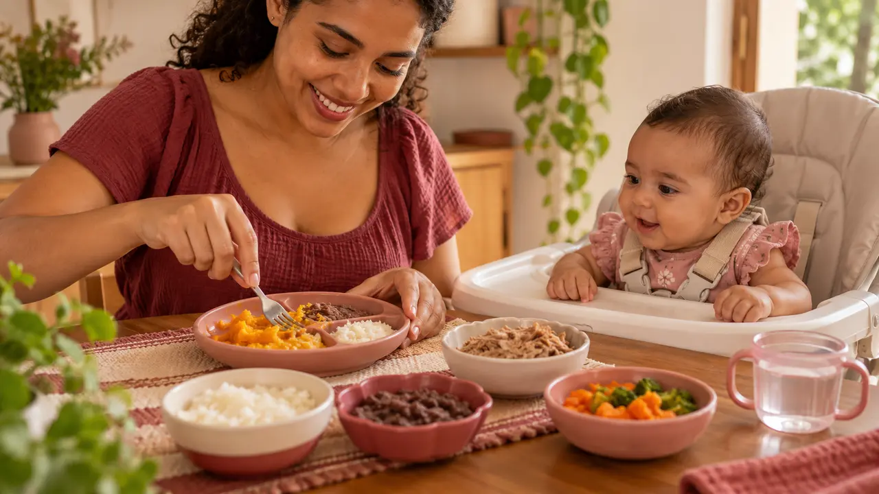 Mãe amassa comida macia com garfo enquanto o bebê observa sentado com segurança