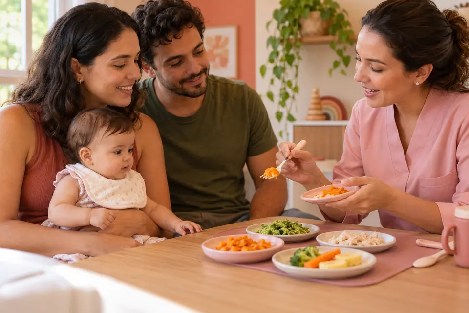 Profissional mostra diferentes texturas de comida para pais e bebê em consulta