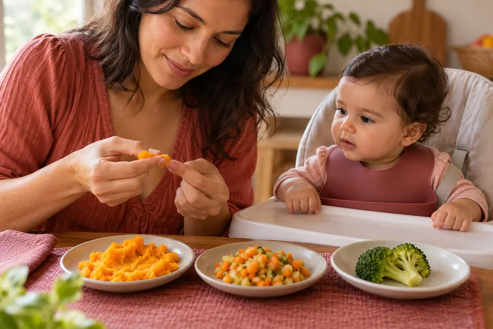 Mãe mostra comida amassada, picada e um legume macio enquanto o bebê observa