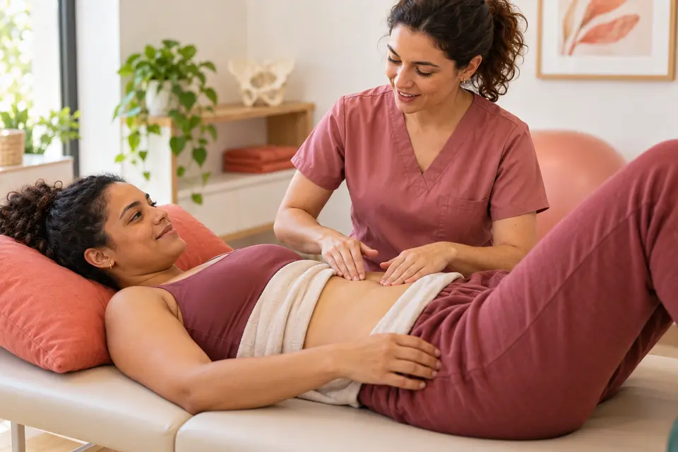 Fisioterapeuta avalia delicadamente a parede abdominal de uma mulher no pós-parto
