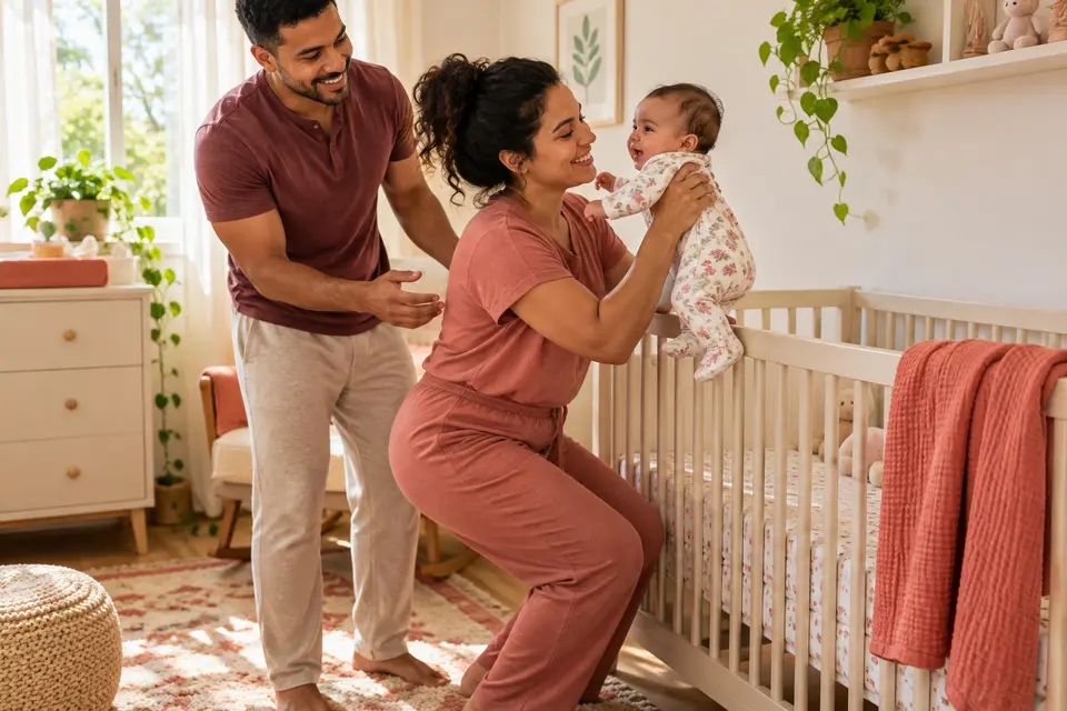 Mãe dobra os joelhos para pegar o bebê do berço enquanto recebe apoio de um familiar