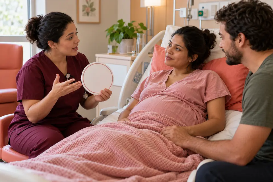 Enfermeira obstetra conversa com gestante e acompanhante sobre a evolução do trabalho de parto
