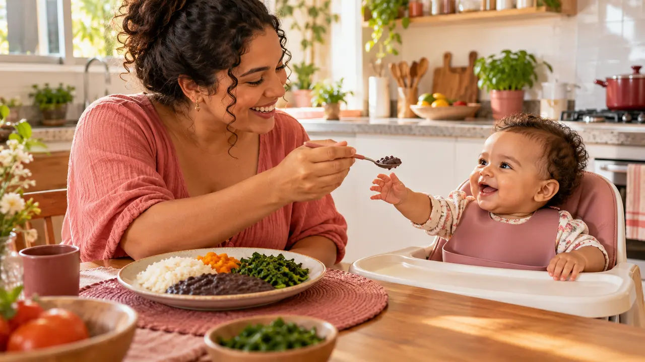 Mãe oferece feijão amassado ao bebê sentado com segurança na cadeira de alimentação
