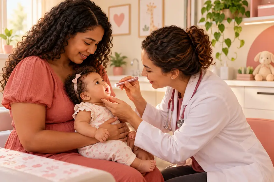 Pediatra examina delicadamente a boca do bebê no colo da mãe