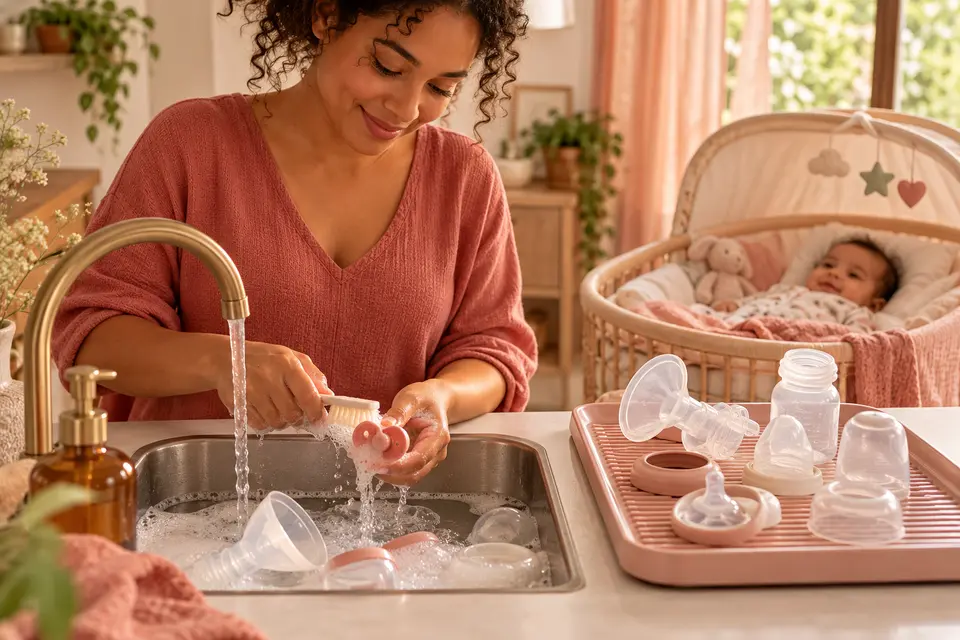 Mãe lava chupeta e peças de alimentação em uma pia organizada com o bebê supervisionado ao fundo