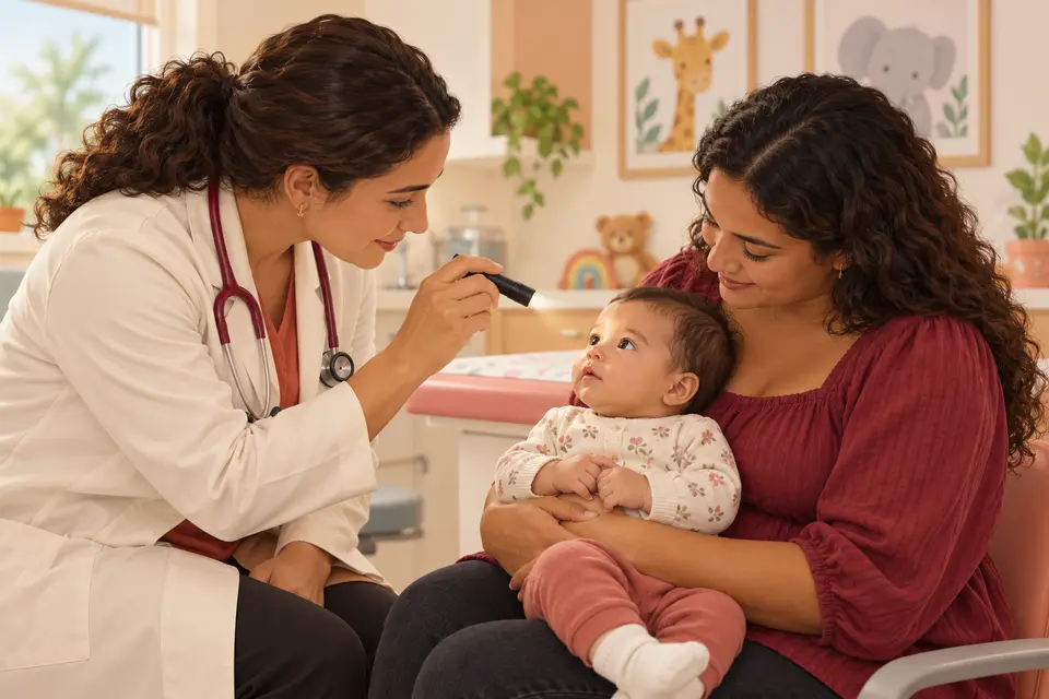 Pediatra examina delicadamente o olho do bebê no colo da mãe