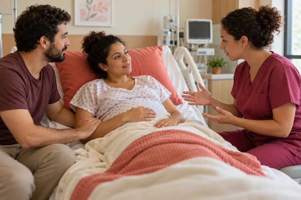 Gestante semissentada conversa com enfermeira obstetra sobre posições possíveis após analgesia