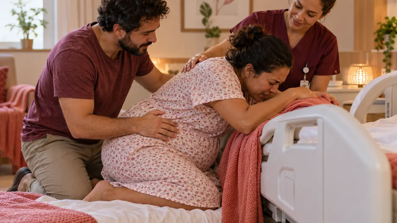 Gestante ajoelhada e inclinada sobre a cama durante o trabalho de parto com apoio da equipe