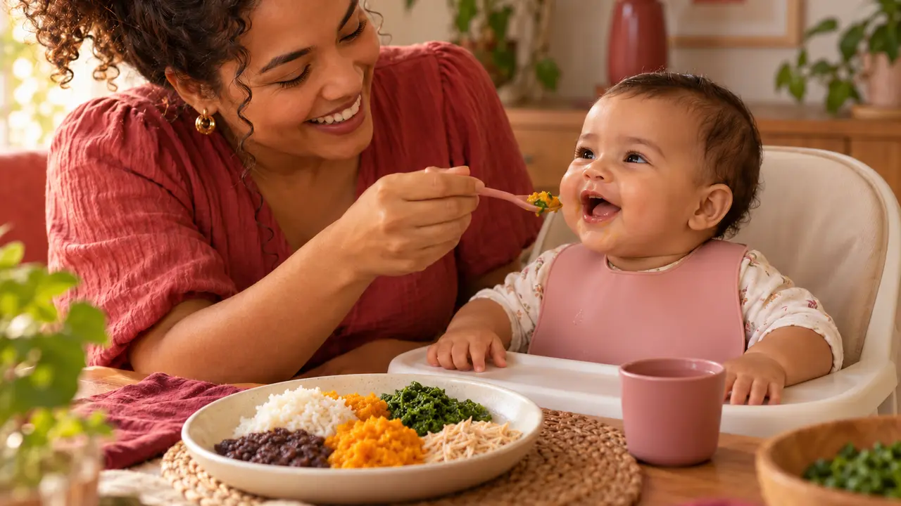 Mãe oferece comida macia ao bebê de seis meses sentado com segurança à mesa