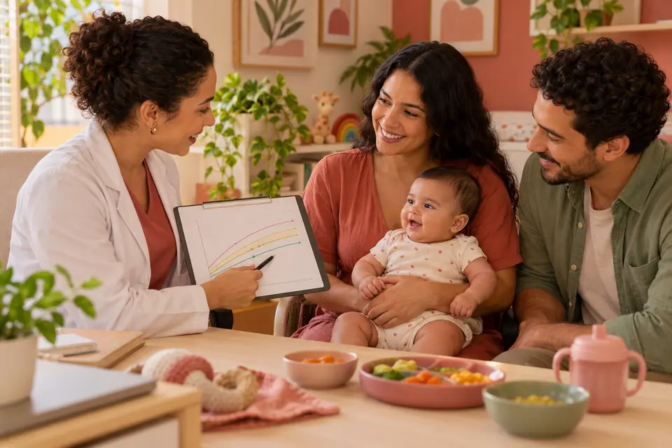 Pais conversam com profissional de saúde sobre crescimento e rotina alimentar do bebê