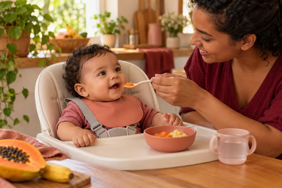 Mãe oferece mamão amassado ao bebê de seis meses sentado na cadeira de alimentação