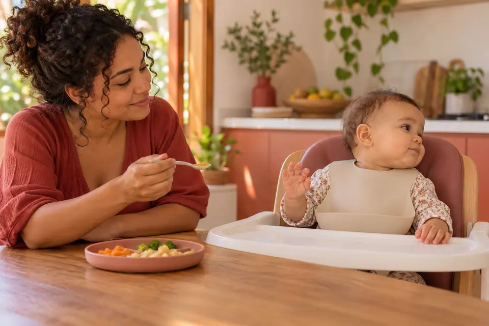 Bebê vira o rosto para mostrar saciedade enquanto a mãe pausa a oferta de comida