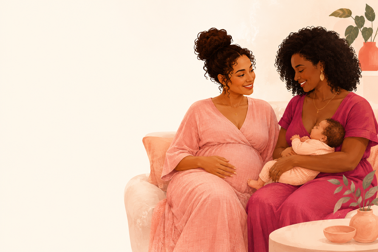 Ilustração de duas mães em diferentes fases da maternidade